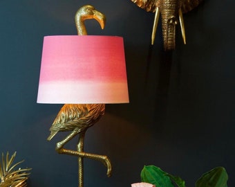 Flamingo antique gold table lamp with pink and white fabric lampshade