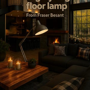 May include: A large grey angled floor lamp in a living room setting. The lamp has a large, angled shade and a slender, adjustable arm. The room features a dark sofa, a wooden coffee table, and a fireplace.