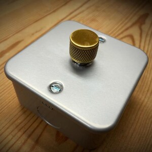 May include: A silver metal electrical switch plate with a brass knob. The plate is square shaped and has a smooth surface. The knob has a knurled design.