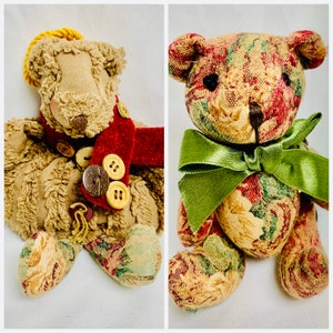 May include: Two handmade teddy bears. One is brown with a red and white scarf and the other is a floral patterned teddy bear with a green bow.