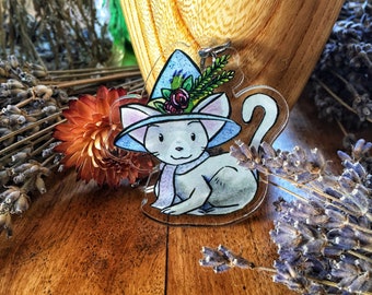 Grey Cat with Witch Hat Woodland Animal Acrylic Phone Strap Keyring Charm