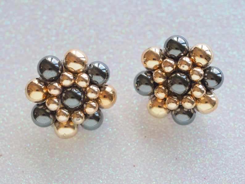 1 316 Shank Fitted Handmade Vintage Original Buttons Plastic Gold and Hematite Beads Woven on Metal Gold Base SET of 2 Buttons 30mm