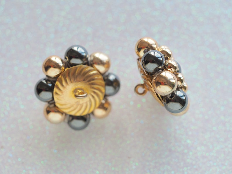 1 316 Shank Fitted Handmade Vintage Original Buttons Plastic Gold and Hematite Beads Woven on Metal Gold Base SET of 2 Buttons 30mm