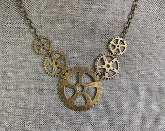 Large Gears Bronze Necklace, Steampunk Gear Necklace, Bicycle Gears Necklace,  Gear Head Necklace, Motor Necklace