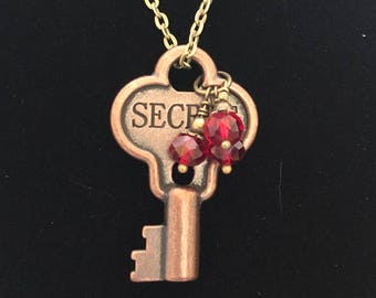 Keep a Secret Key Necklace with Red Crystal Beads, Bronze Key Necklace, Steampunk Key Necklace, Secret Necklace