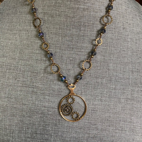 Blue and Bronze Crystal Necklace with Antique Optical Lens Pendant, Gear Necklace, Steampunk Necklace, Hand Wrapped Necklace