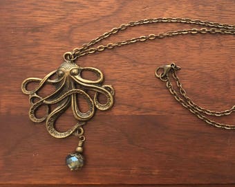 Bronze Octopus Necklace with Blue Gray Crystal, Steampunk Octopus, Steampunk Necklace, Nautical Necklace, Bronze Necklace