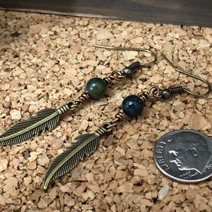 Bronze Feather Earrings with Green Stone Beads, Feather Earrings, Bronze Earrings, Dangling Earrings