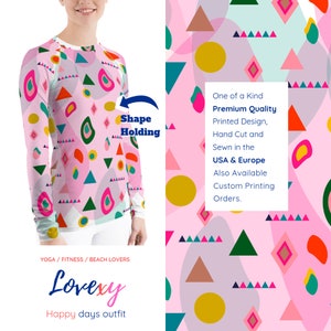 Geometric Pink Women&#39;s Rash Guard Top - UV Protection Swim Shirt, Lightweight & Quick Dry Activewear for Surfing and Beach Sports