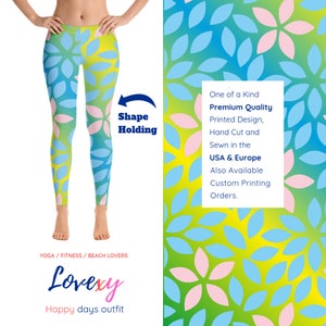Abstract Blue Flowers Leafs Print Woman&#39;s Leggings // Capris Leggings // Unique Yoga Leggings // Workout Pants // Exercise Pants