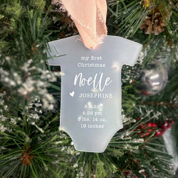 Baby's First Christmas Ornament 2023, Frosted Acrylic Onesie Ornament, Baby Girl Christmas gift, Baby Boy Christmas gift, Wooden Onesie