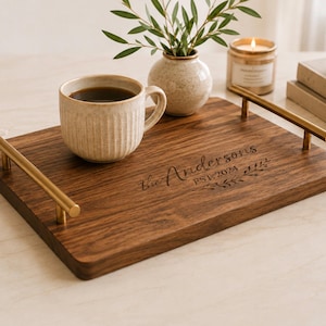Wooden Serving Tray with Gold Handles | Custom Engraved Ottoman/Coffee Table Decor Gift | Personalized