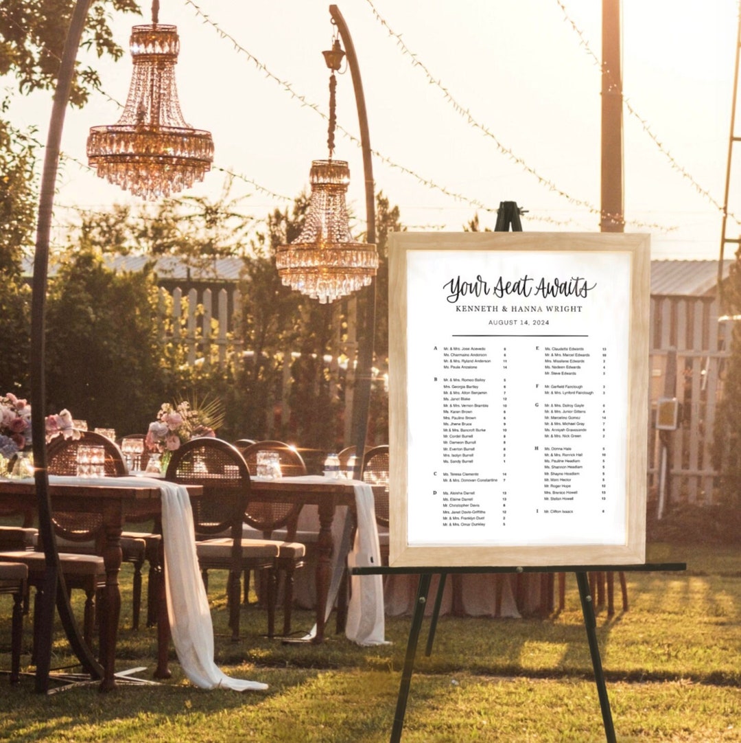 White Seating Chart Wedding Sign, With Wooden Frame, Wedding Sign