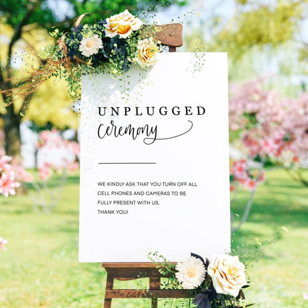 Plaque de cérémonie Unplugged blanche avec polices cursives, petite plaque de mariage Unplugged, plaque de mariage, cérémonie de mariage moderne