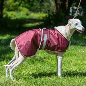 Dog coat waterproof, simulated sheepskin or fleece lining, many colour options and sizes 19 to 28 burgundy