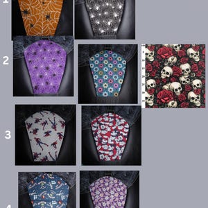 K&ouml;nnte beinhalten: Eine Sammlung von Stoffmustern mit verschiedenen Designs, darunter orangefarbene und schwarze Spinnennetze, violette Spinnennetze, Blumenmuster, ein Totenkopf- und Rosenmotiv mit einem 35-cm-Lineal, Superheldenfiguren und kleine Blumen.