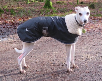 Dog waterproof coat, simulated sheepskin or fleece lining many colour options and sizes 14" to 28 inches