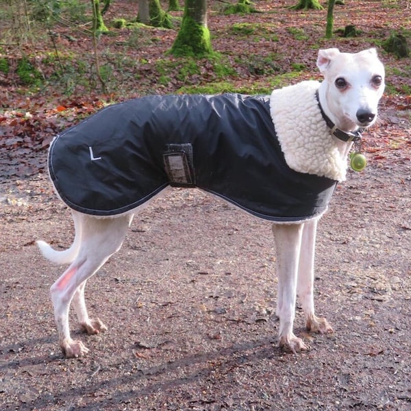 Dog waterproof coat, simulated sheepskin or fleece lining many colour options and sizes 14" to 28 inches