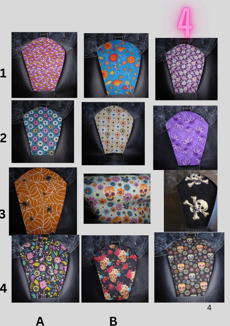 K&ouml;nnte beinhalten: Ein Raster aus zw&ouml;lf Stoffmustern mit verschiedenen Designs, darunter Blumenmuster, Spinnennetze, Totenk&ouml;pfe und Skelette. Die Muster zeigen eine Reihe von Farben wie Orange, Blau, Violett, Schwarz und Wei&szlig; in einer nummerierten Anordnung.