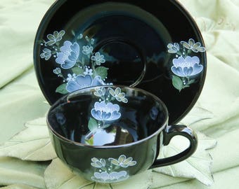 Ebony Wild Rose China Teacup and Saucer