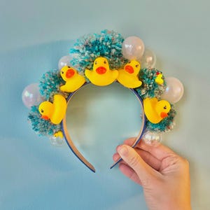 Rubber duck headband, bath, Alice band, bubbles, pom pom, blue, fuzzy, ducks, festival, party, fancy dress