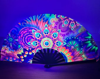 XL Festival Fan - UV Blacklight Reactive, rainbow mushrooms big folding hand fan for raves & festivals. Summer beach holiday accessory UK