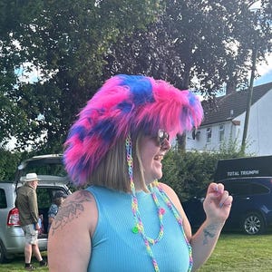 Mega fluffy Pride Cowboy Hat • Multicoloured Fur Trim Cowboy Hat • Rhinestone Cowgirl Hat • Festival Hat. Glastonbury festival disco