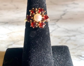 Hermoso anillo vintage de oro de 14 quilates con granate y perla para mujer, talla 5.5