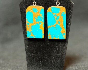 Turquoise slab earrings in copper matrix with sterling silver hooks