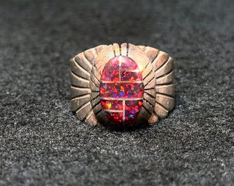 Mens Ethiopian Multi Fire Black Opal Zuni Channel Inlay Sterling Singed Sz 14