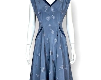 1950s Blue Taffeta Circle Skirt Dress with Velvet Pockets
