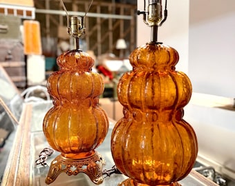 Lámparas de mesa vintage de cristal óptico ámbar "Hollywood Regency"