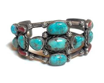 Unique Navajo Old Pawn Turquoise Coral Cuff Bracelet 1930s-1940s