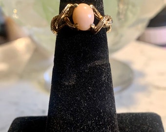 Anillo vintage de coral rosa de oro de 10 quilates para niñas, pequeño anillo de oro para 16 años, talla 4.5