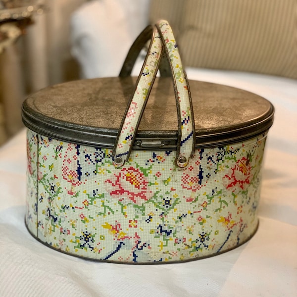 Antique Tin Picnic Basket with Embroidery Hoop Lid, Shabby Decor Storage Container
