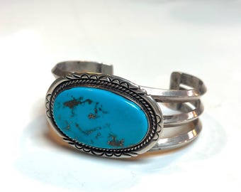 Magnificent Mid-Century Vintage Turquoise Sterling Cuff Bracelet Signed