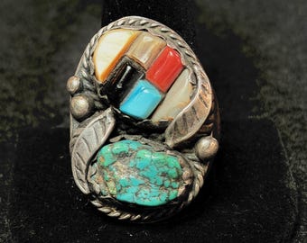 Impressive Vintage Navajo Old Pawn Sterling Silver Men's Turquoise Ring size 14 38 grams