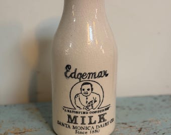 Botella de cerámica vintage para leche Edgemar de Santa Monica Dairy. Botella publicitaria.