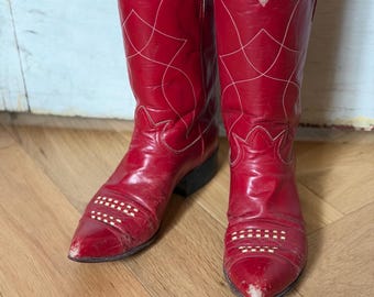 Vintage Tony Lama "Black Label" Red Leather Cowboy Boots Rustic w Real Patina Size 7