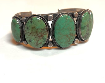 Importante pulsera vintage Harry Morgan de plata de ley con turquesa navajo. Pieza de colección.