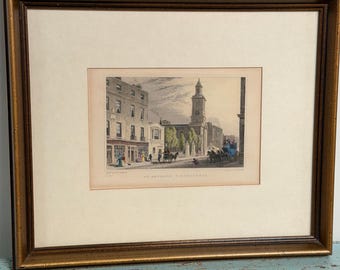Grabado en acero del siglo XIX, enmarcado, titulado "St. Botolph, Bishopsgate", que representa una escena callejera de Londres con vista a la iglesia.
