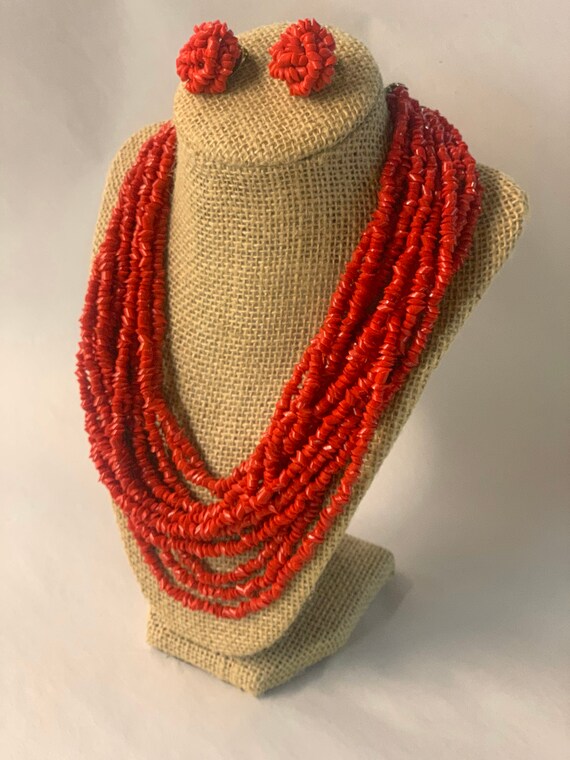 Vintage Red Dyed Coral Necklace with Clip Earring… - image 2