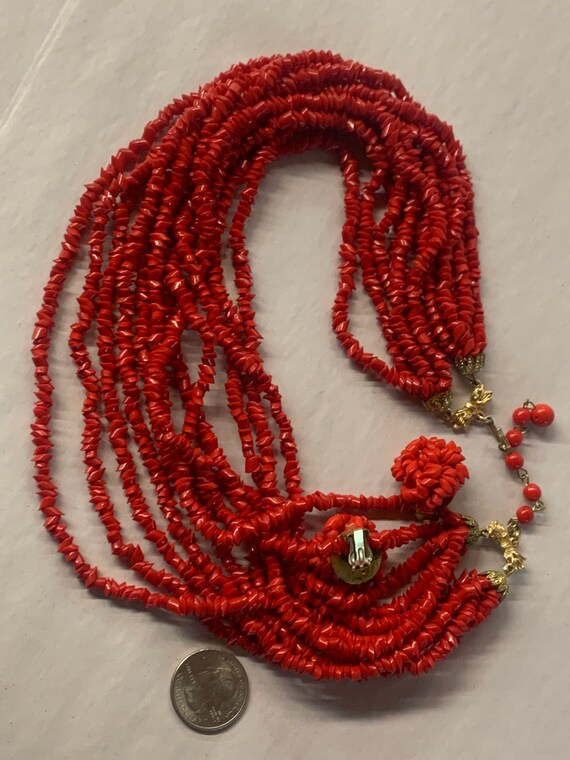 Vintage Red Dyed Coral Necklace with Clip Earring… - image 8