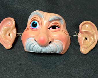 Vintage Van Dam plastic mask from France, featuring a winking old man with Separate Ears ~ Very Rare