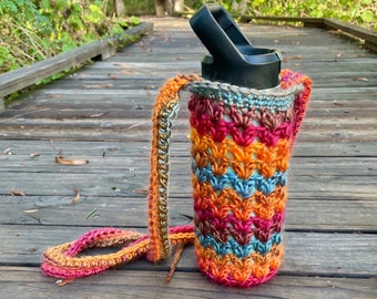 Water Bottle Bag - Bottle Carrier with Strap, Crochet Bottle Holder, Crossbody Bottle Carrier