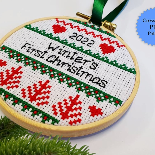 Baby's 1st Christmas 2023 cross stitch pattern, Personalized first Christmas bauble, Scandinavian PDF ornament, Scandi customizable decor