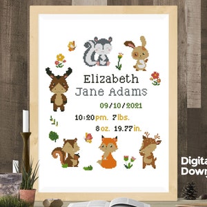 Geboortekaartje modern kruissteekpatroon, baby gepersonaliseerd doe-het-zelfcadeau, inrichting jongen meisje kinderdagverblijf, dieren, getelde kaart, digitale pdf