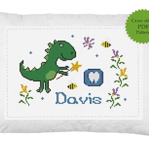 Patrón PDF de punto de cruz del hada de los dientes, Muestra xstitch personalizada divertida, Adorno de bricolaje personalizado para niña, Dinosaurio lindo, Tabla de bordado