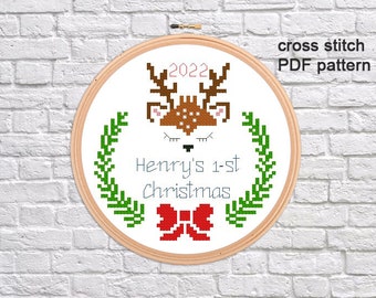 Baby's 1st Christmas 2023 cross stitch pattern, Personalized first Christmas ornament, Funny cute deer PDF pattern, Customizable DIY gift