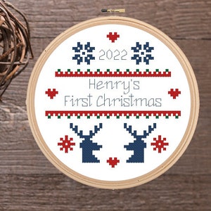 Personalized first Christmas bauble, Baby&#39;s 1st Christmas 2024 cross stitch pattern, Scandinavian PDF ornament, Scandi deer decor